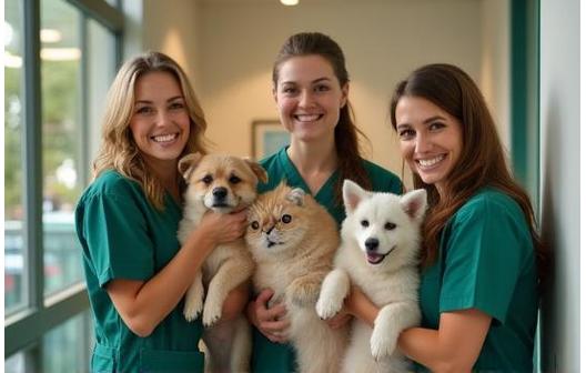 Smiling veterinary staff holding happy pets in Greenfield Clinic